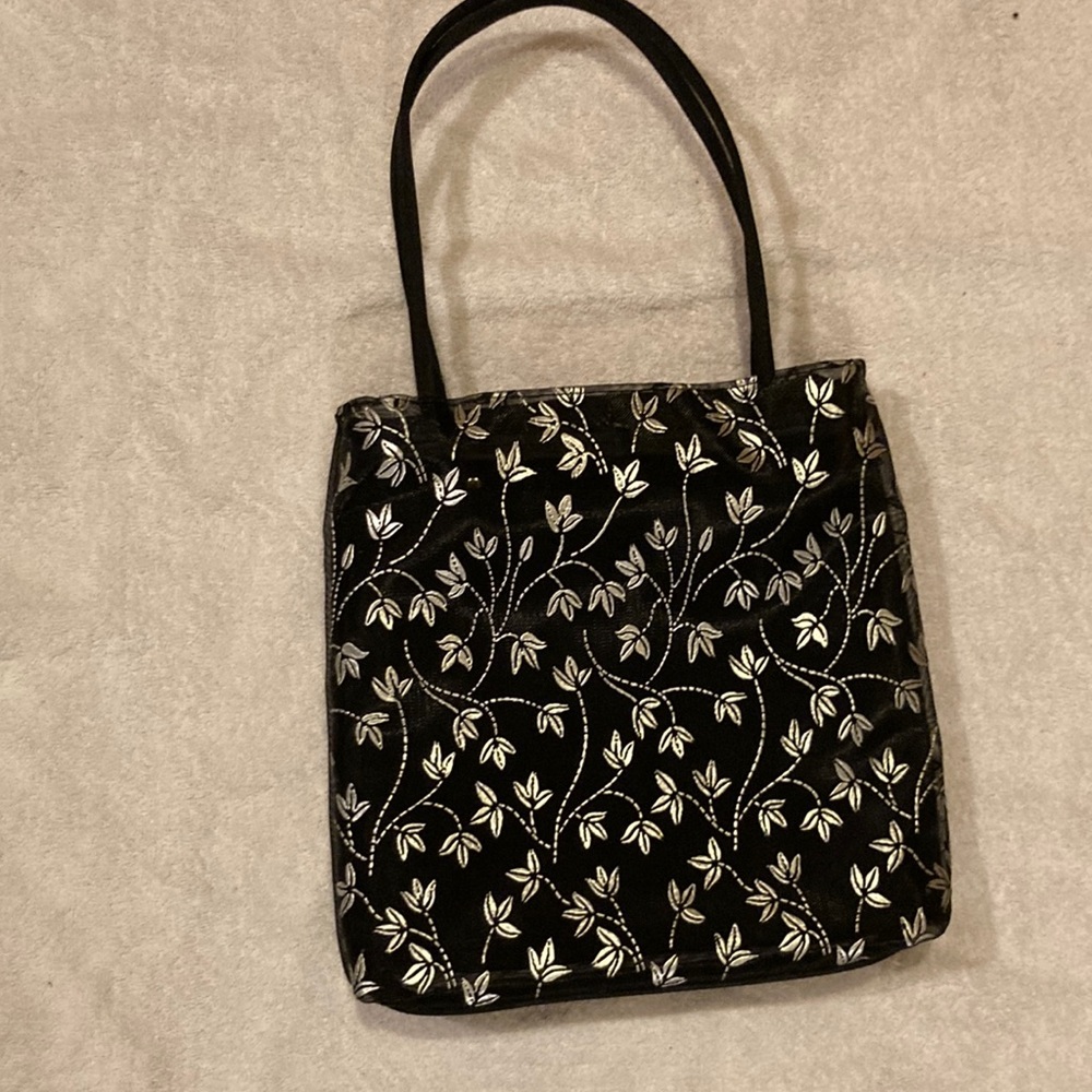 Black Mess Bag with Silver Embossed Flowers and Separate Inner Bag